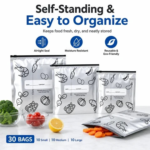 🛡️🥬 Reusable thickened upright aluminum foil sealing storage bags with label